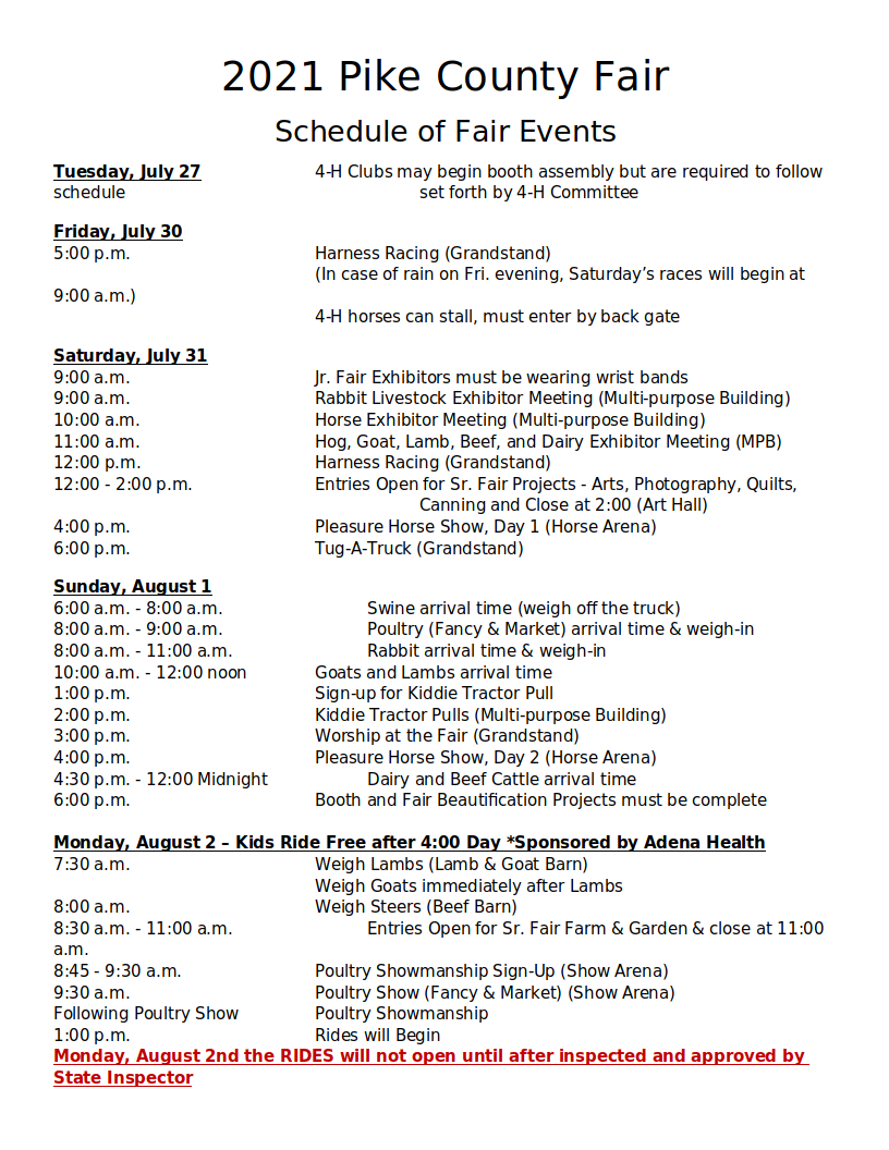Pike County Fair Schedule Final 2021 Pike County Fair